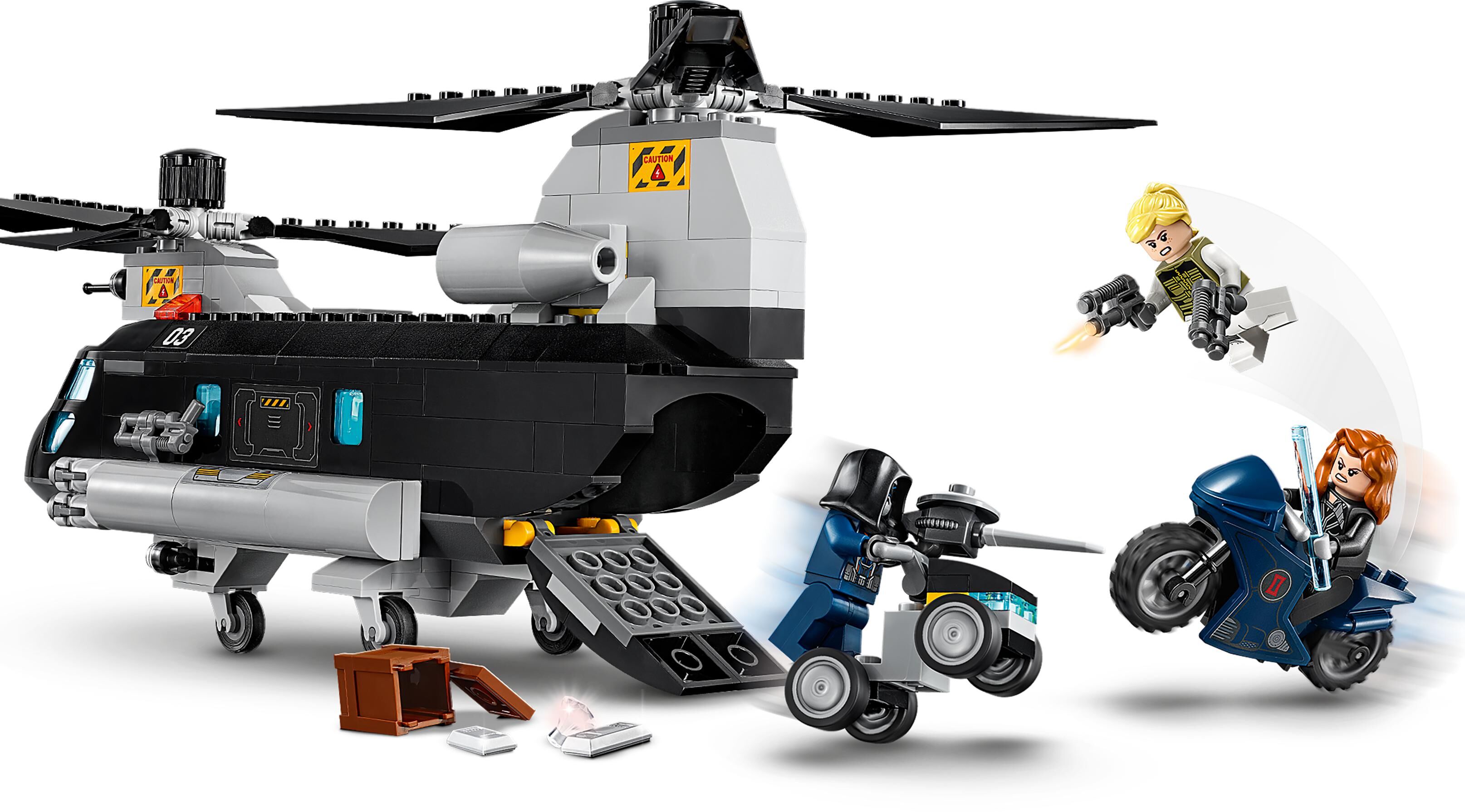 lego black widow helicopter chase